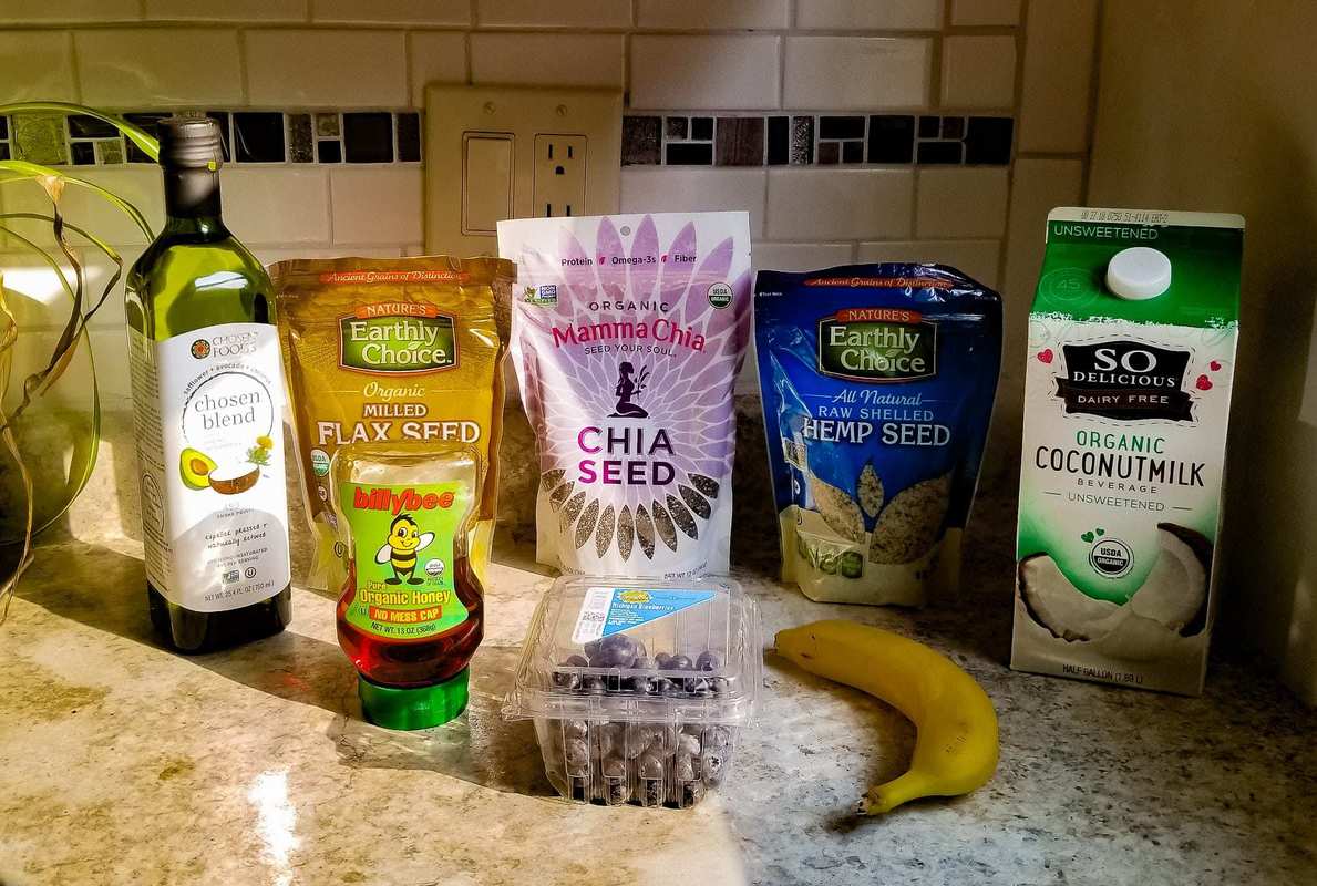 Smoothie ingredients on a counter, including hemp seeds. The keto diet focuses on low carbohydrate and high fat consumption, making hemp for keto a great option to ensure you get plenty of vital amino acids. 