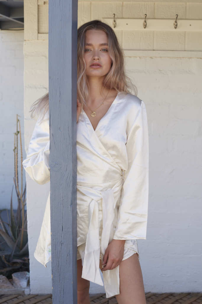 Zoey Kay models the Hemp Horizon hemp silk wrap shirt. Hemp Horizon creates comfortable, elegant women's hemp fashion, and is now expanding into menswear too.