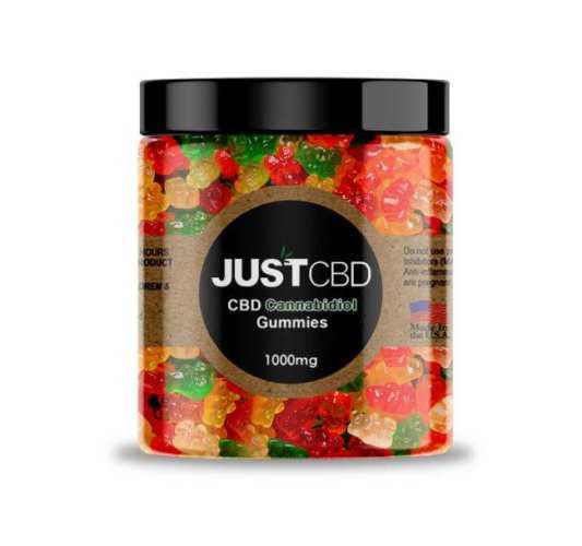 A bottle of Just CBD Gummies in the 1000mg size, containing 100 bears that are 10mg of CBD isolate each