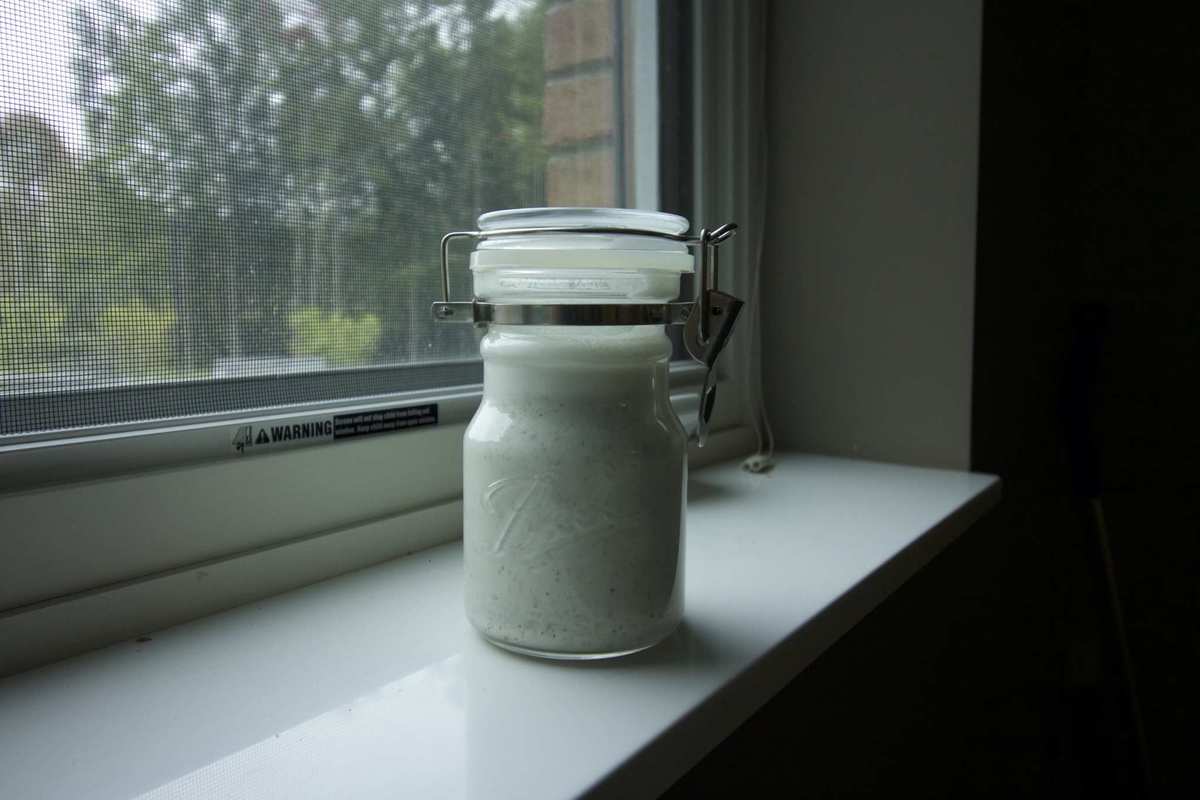 A sealed mason jar of fresh hemp milk sits on a windowsill. Hemp milk is easy to make with just a few ingredients, and fun to customize too!
