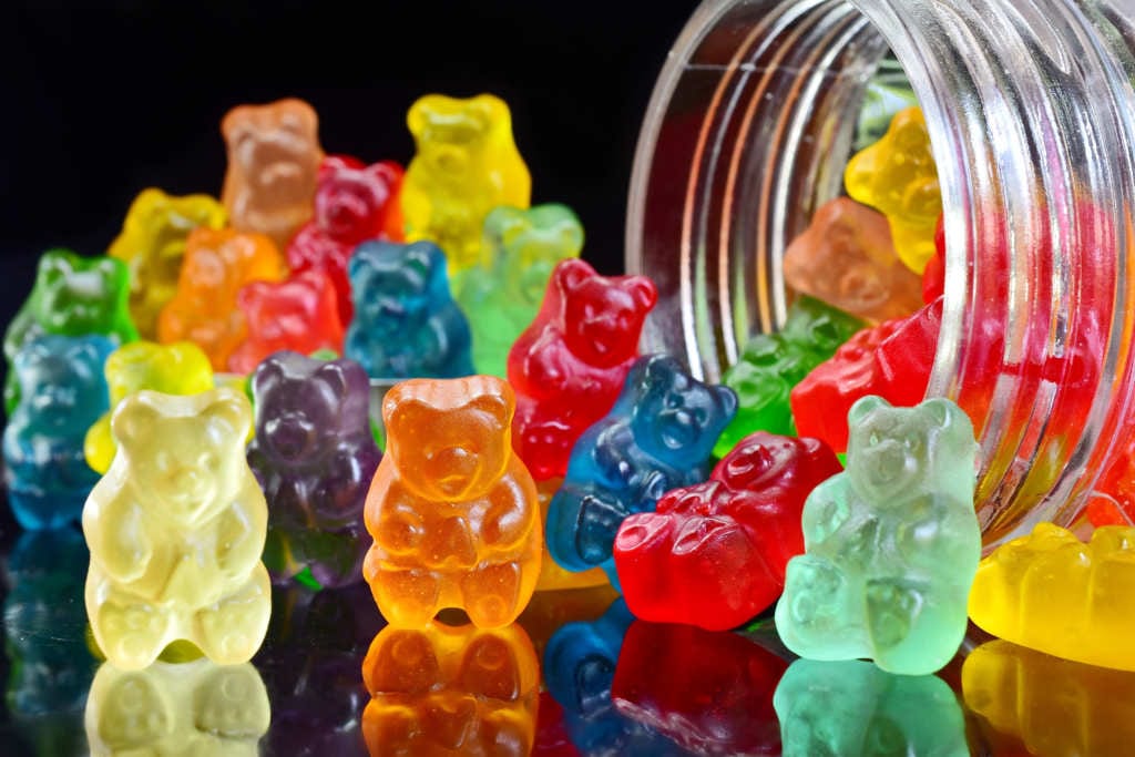 Assorted rainbow gummy bears spill from a plastic bottle. When it comes to CBD dosing, start small and increase gradually after you feel the supplement's effects. CBD gummies come in a variety of dosages, typically offering between 5mg and 25mg per candy.