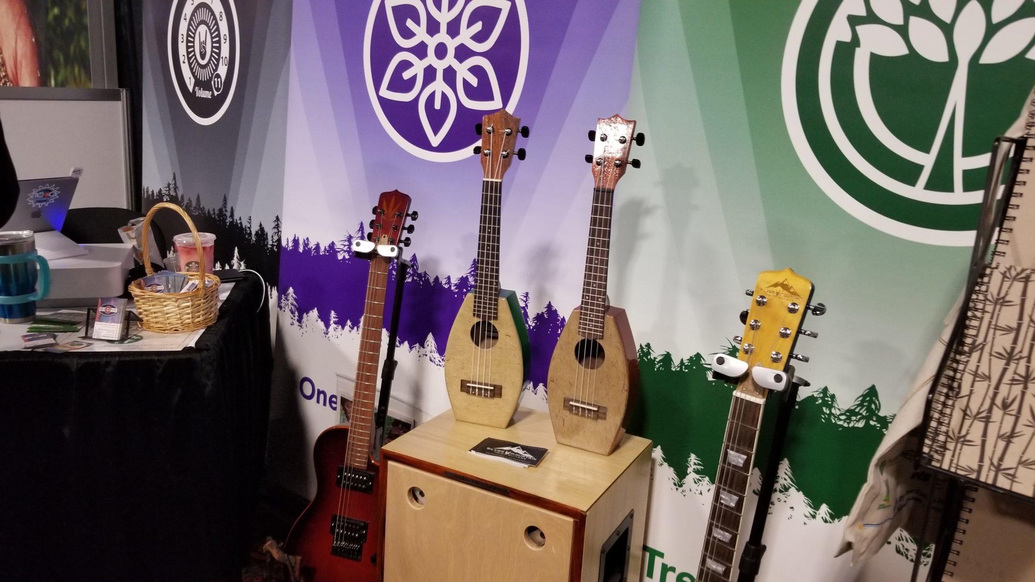 Photo: Hemp guitars and a hemp ukelele from Silver Mountain Hemp Guitars, on display at NoCo 6, the 2019 Noco Hemp Expo in Denver, Colorado.
