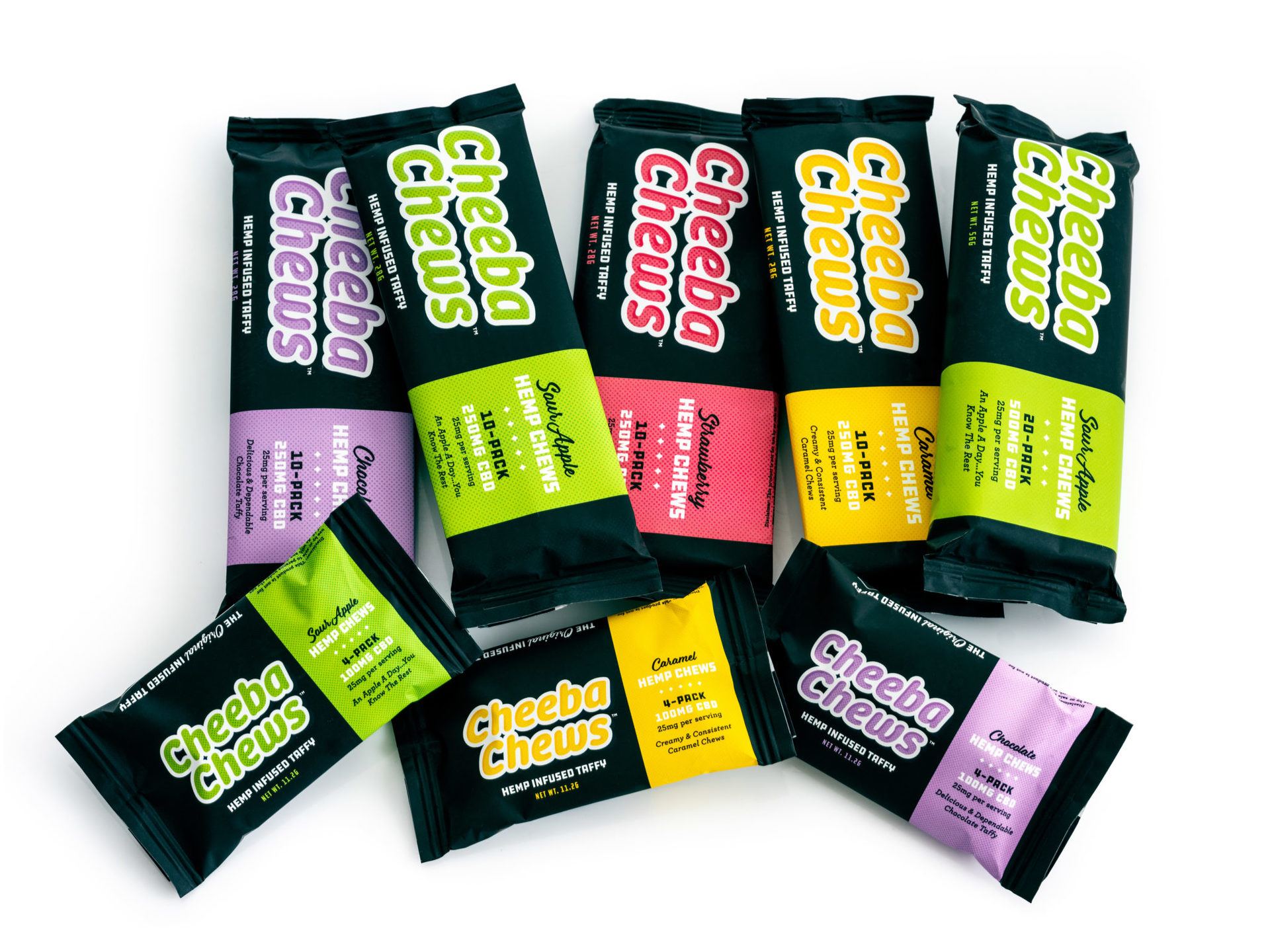 After years of success with their signature THC-infused taffy, Cheeba Chews branched out this week with the launch of their CBD chews. Photo: A collection of Cheeba Chews hemp products in various flavors.