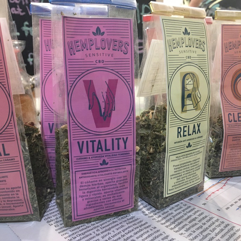 Hemp flower, like this brand for sale at Spannabis, is growing in popularity across Europe as a substitute for tobacco. Photo: Various hemp flower smoking blends available for sale at Spannabis.