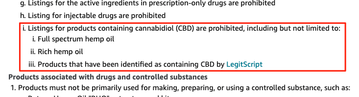 A screenshot of Amazon policies on CBD, showing they clearly ban CBD in all forms.