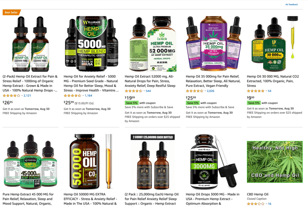 Screenshot showing various fake CBD products sold on Amazon in impossibly strong potency such as 25,000mg of CBD in a one ounce bottle.