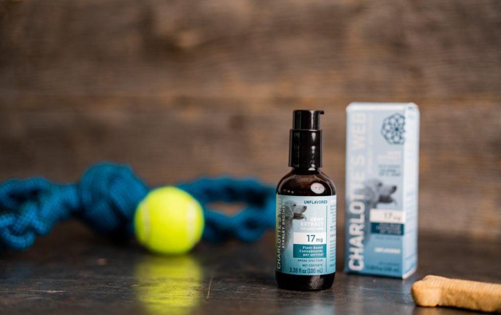 Win Charlotte's Web CBD Oil for Dogs in this Ministry of Hemp giveaway. Photo: Charlotte's Web CBD Oil for Dogs posed with a leash, dog biscuit and tennis ball.