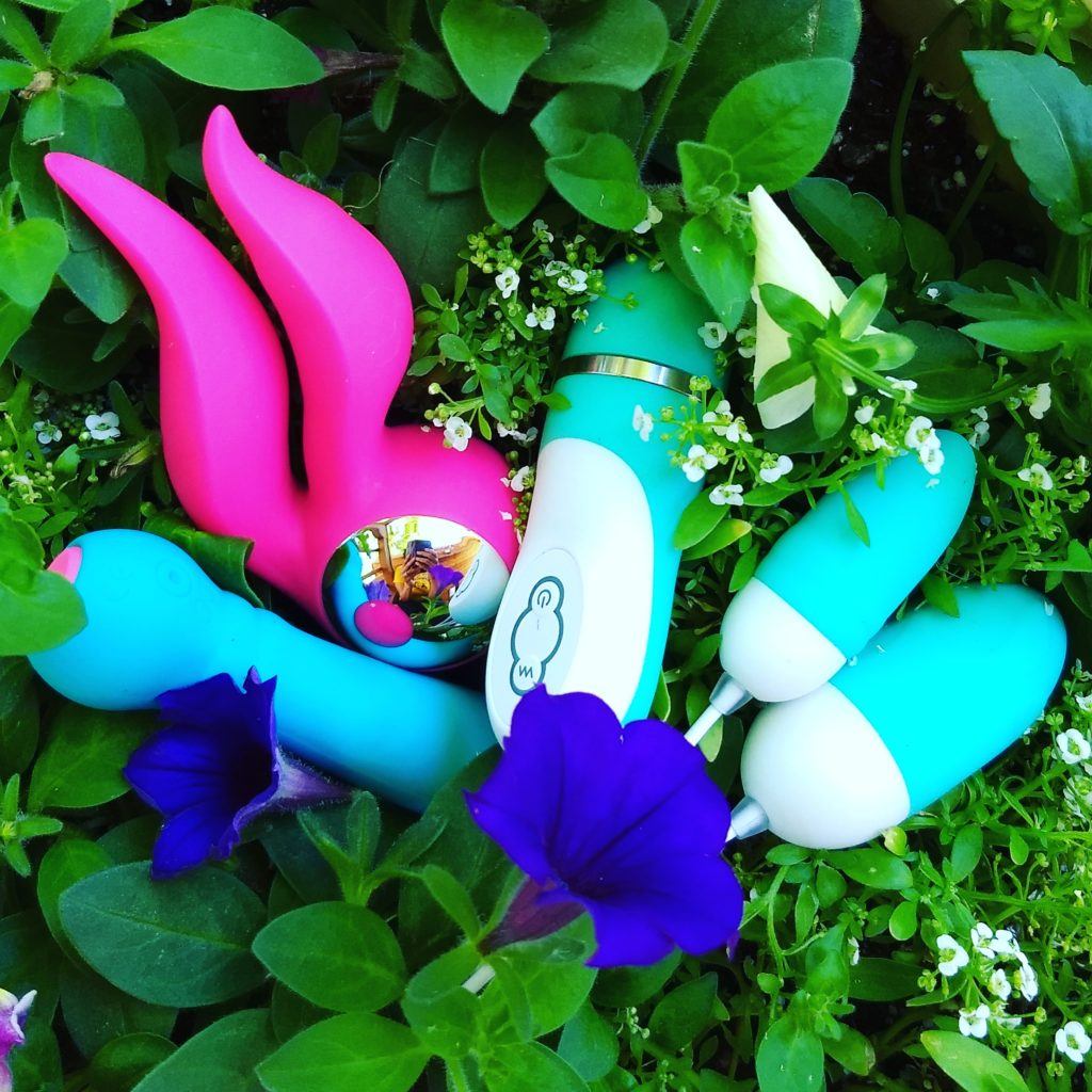 A collection of EngErotics intimate toys arrangethes in a bed of ivy.