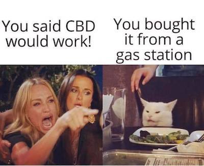 Angry Real Housewife & cat meme: Housewife: You said CBD would work. Cat: You bought it from a gas station.