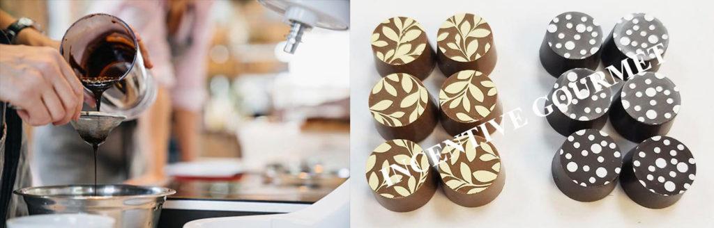 Photo: A composite photo shows a person carefully pouring chocolate during the manufacturing process, and two sets of Incentive Gourmet CBD chocolates.
