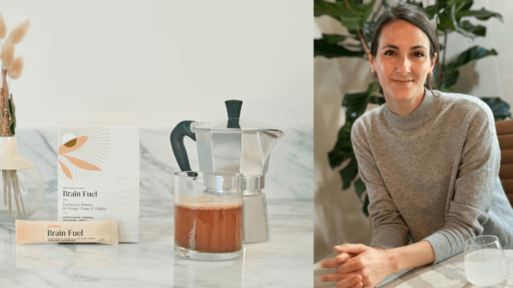 Photo: A composite photo showing a Prima powdered CBD drink mix, made in a clear tea mug using hot water from a kettle, all sitting on a kitchen counter. On the right, Prima CEO Laurel Angelica Myers poses, smiling, with folded hands.