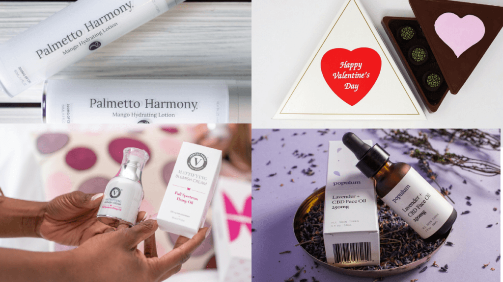 A composite image showing four of our picks for Best CBD Valentine's Day gifts including products from Palmetto Harmony, Incentive Gourmet, Veritas Farms and Populum.