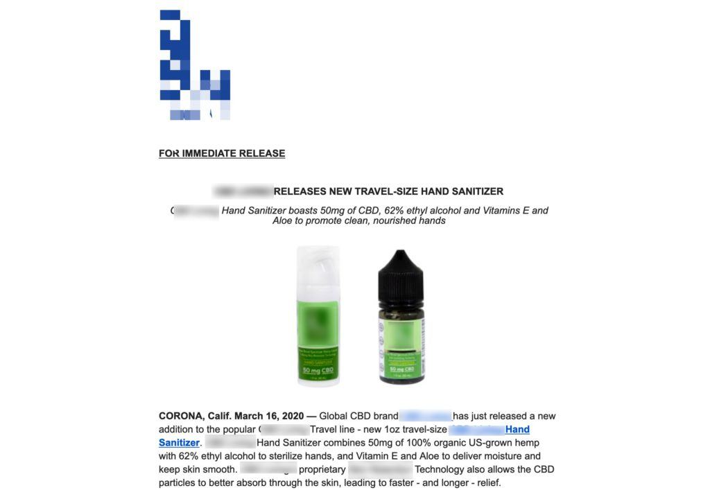 Photo: Screenshot of a press release advertising a brand's new "CBD infused hand sanitizer." 