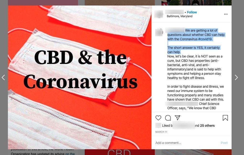 Photo: Screenshot of an Instagram post, where a company claims CBD could prevent the spread of a virus like the one which causes COVID-19.