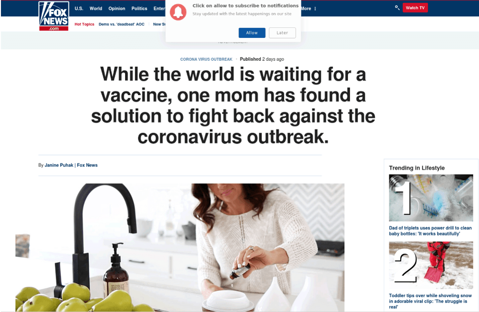 Photo: A fake Fox News webpage spammed to thousands of smartphones claims "one mom" has discovered CBD can cure COVID-19.