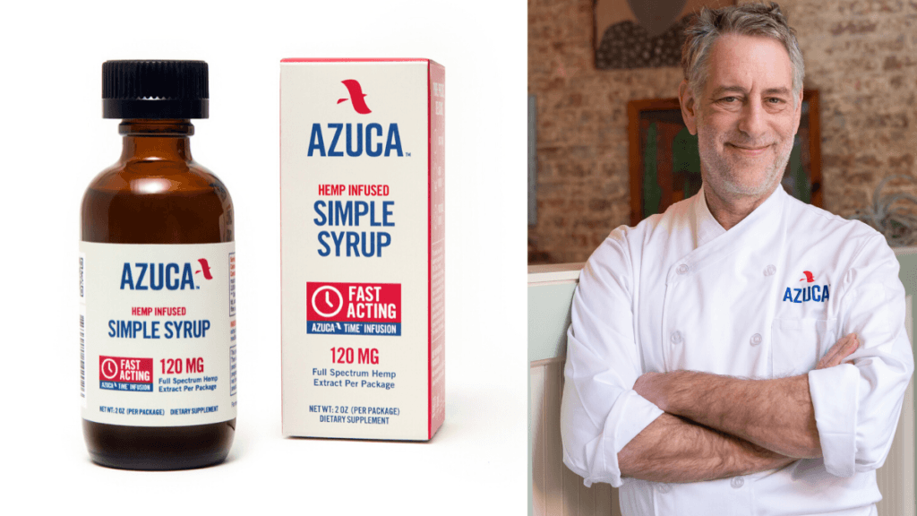 Combining cutting-edge CBD encapsulation technology and old-fashioned cooking skills, Azuca creates CBD sugar products that are perfect for cooking, mixed drinks, or just your morning coffee. Photo: Composite image shows, at left, CBD-infused simple sugar syrup from Azuca, and at right, Ron Silver standing with arm's crossed, wearing chef's whites.
