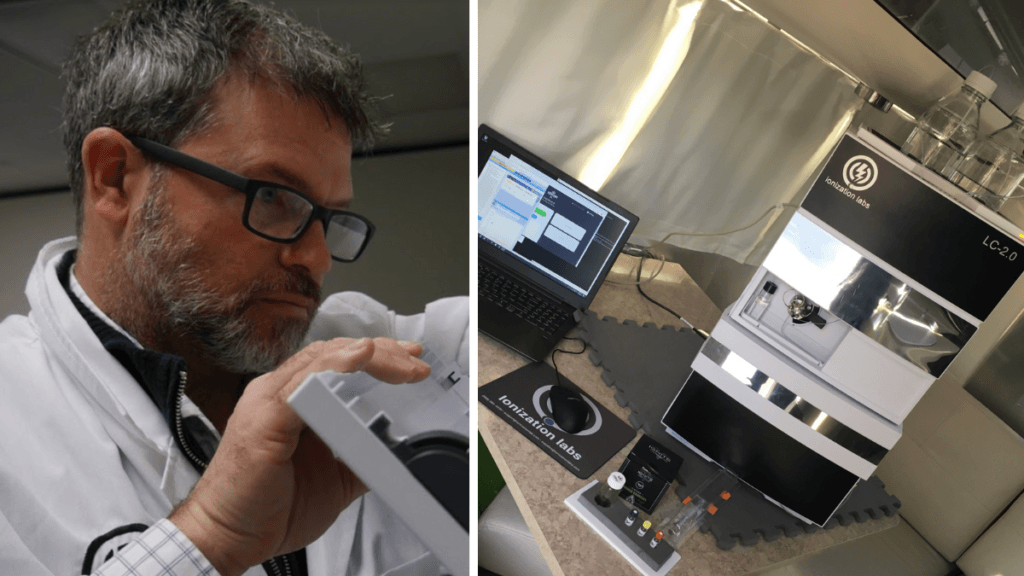 The Cann-ID system from Ionization Labs aims to make hemp and cannabis testing easy, affordable and quick. Photo: A composite image shows Cree Crawford working in a lab coat at left, and Ionization Labs cannabiss testing equipment to the right.