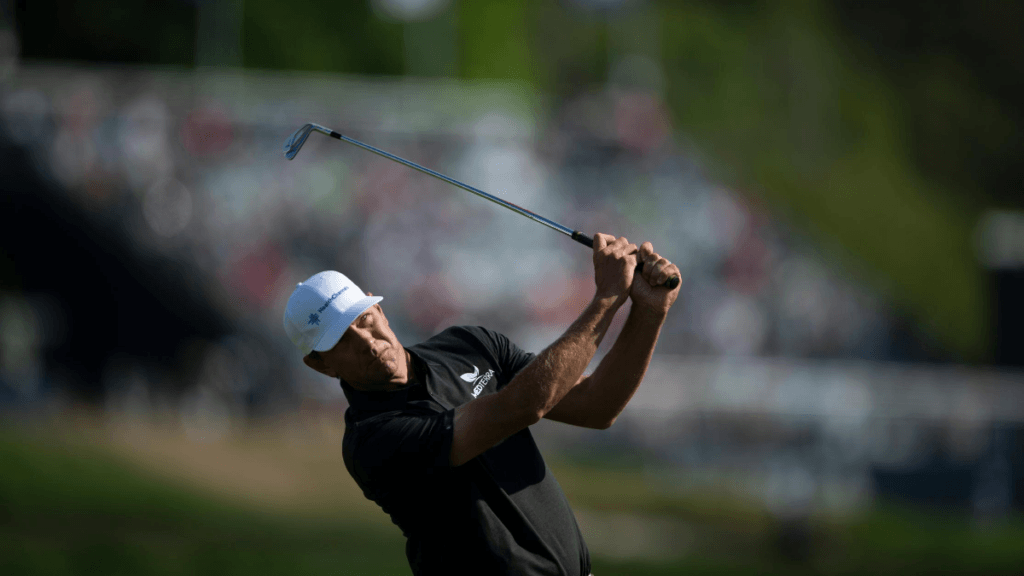 Pro Athletes like Lucas Glover use CBD to enhance their focus and workout recovery time. Photo: Wearing a Medterra polo, PGA-tour veteran Lucas Glover swings his golf club on the course.
