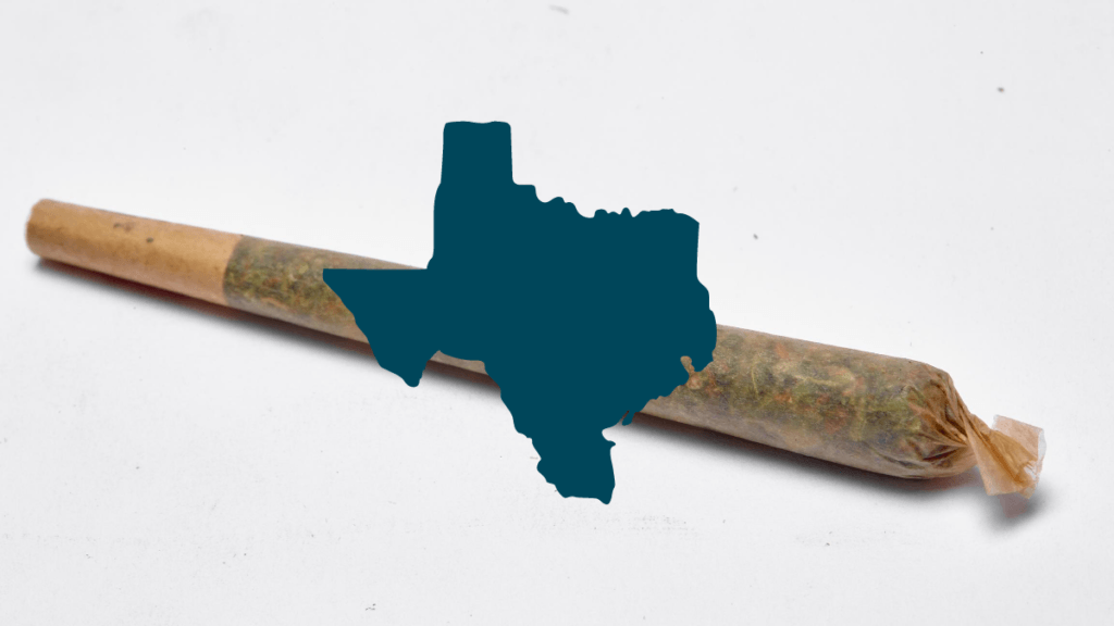 The Texas hemp flower ban could cost the Lone Star state millions in tax revenue. Photo: A photo of a "pre-roll" hemp joint, super-imposed with a green drawing of the state of Texas.