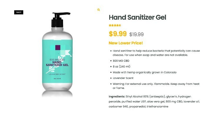A screenshot of a website sellng CBD hand sanitizer. CBD-infused hand sanitizers have become quite popular since the start of the pandemic.