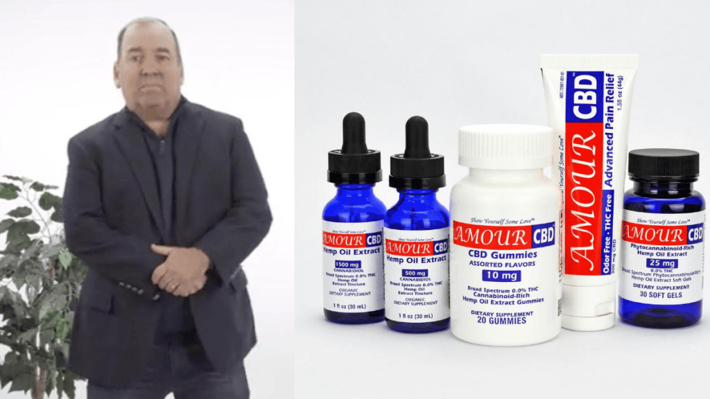Photo: A composite image shows Ed Donnelly posing in a suit (left) with his Amour CBD produts, including his FDA registered topical product.