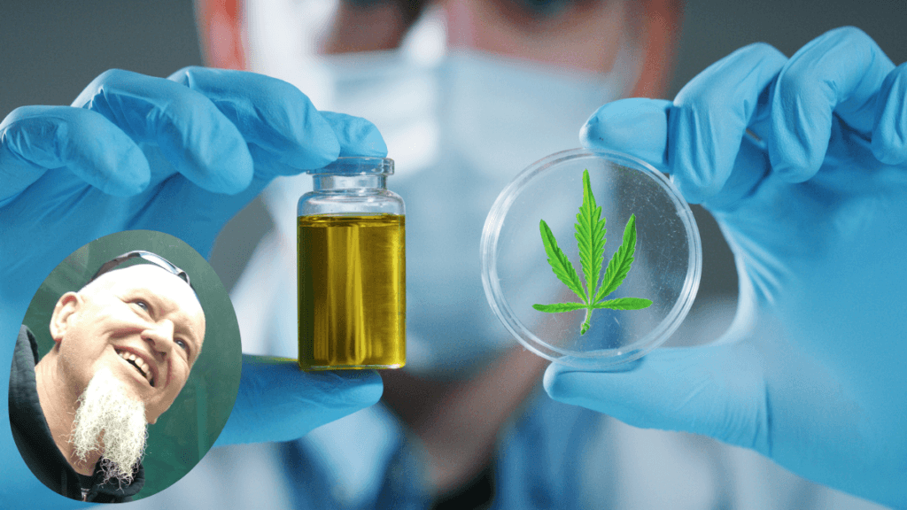 A composite photo showing a scientist in gloves and a mask holding up a vial of CBD oil and a hemp leaf in a petri dish. A head shot of Pat Reynolds, the show's guest, is in a round insert to the main photo. Pat comes on the podcast to discuss the importance of CBD testing to identify safe and accurately labeled products.