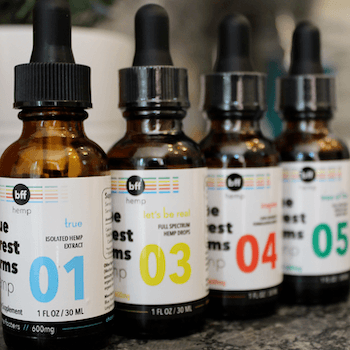 A lineup of tinctures from Blue Forest Farms labeled 01, 03, 04 and 05, each with a different blend of cannabinoids and terpenes.