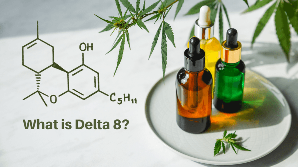 An illustration of the Delta 8 Tetrahydrocannabinol molecule on a photograph of generic tinctures decorated with hemp leaves.