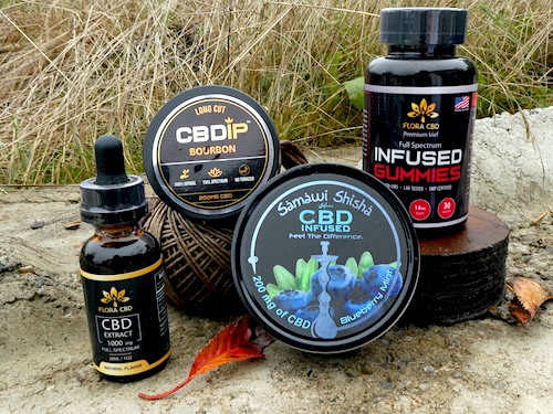 An array of Flora CBD products available under the Black Friday sale including CBD oil, gummies, CBD dip and CBD shisha.