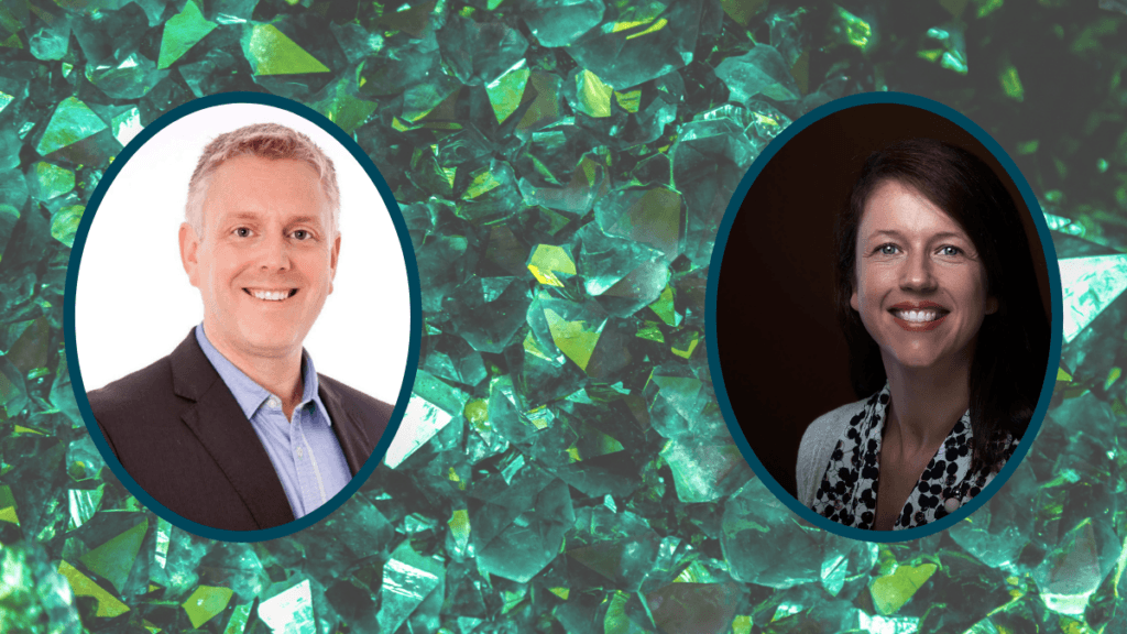 Two photos are superimposed on a green crystal background: Andy Yates and Saoirse O'Sullivan, who joined the Ministry of Hemp podcast to discuss research into a CBD cocrystal which improves bioavailability.