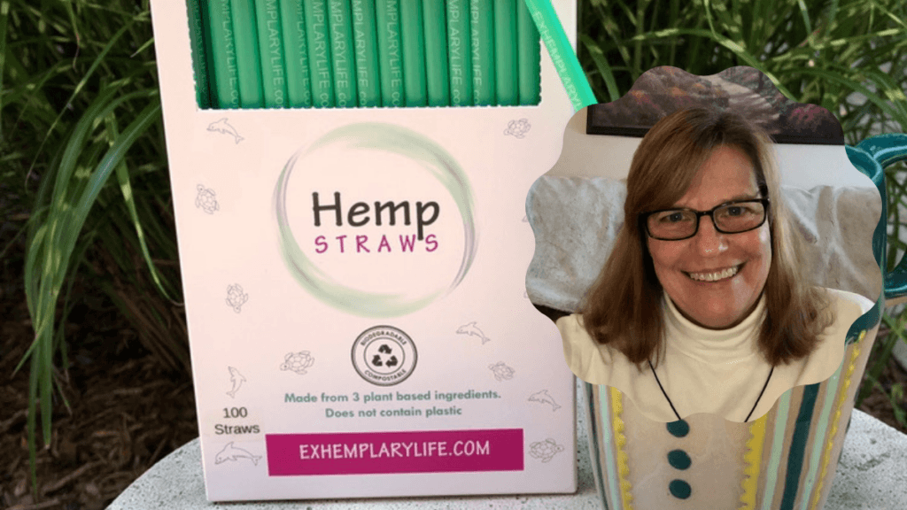 A composite image shows a box of hemp straws and a drink with a hemp straw in it sitting outside. In a cutout, there's a head shot of Carolyn Virostek smiling.