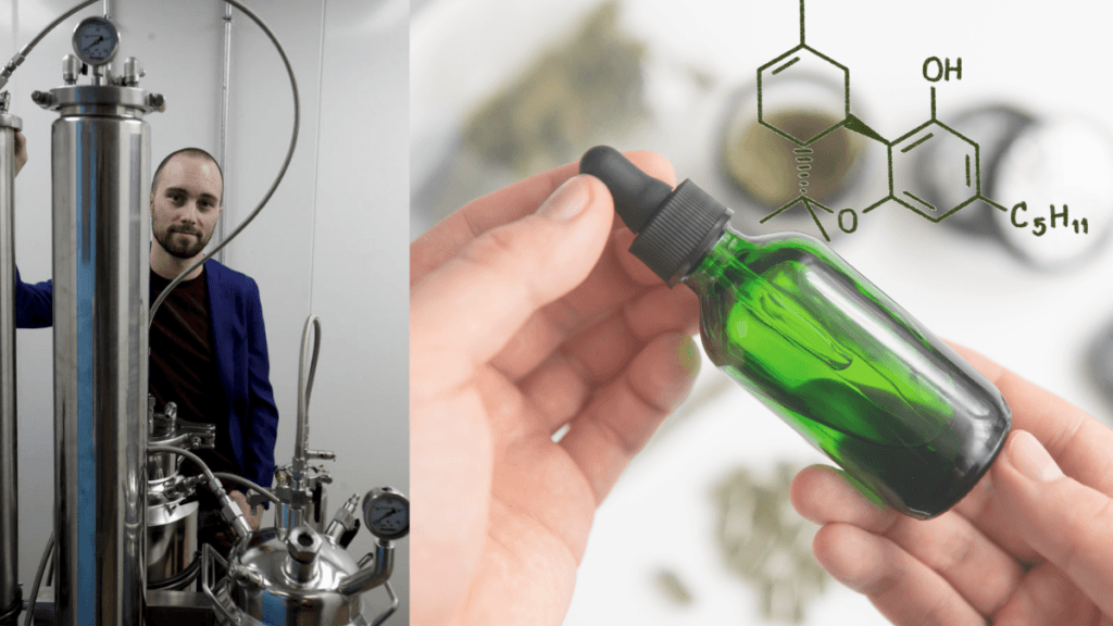 In a composite image, Jordan Lams of Moxie poses with shiny metal extraction equipment. On the right, a white person's hands hold a bottle off hemp extract, with a diagram of the Delta 8 THC molecule added.