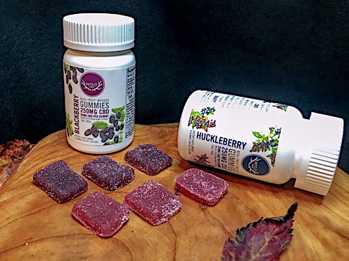 Two bottles of WYLD CBD in Blackberry and Huckleberry flavors gummies arranged next to samples of both. They are placed on a wooden surface, decorated with a leaf.