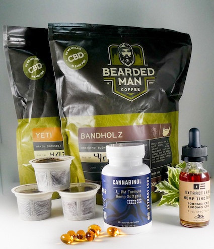 Sampler of Extract Labs products including gummies, tincture and CBD-infused coffee.