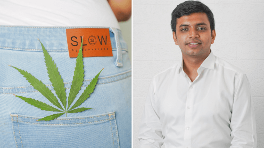 In a composite photo, at left a person in a white t-shirt poses in pale blue 'Slow' brand hemp jeans, seen from behind with a hemp leaf in the back pocket. To the right half of the picture, a photo of Shreyans Kokra smiling in a white button down t-shirt.