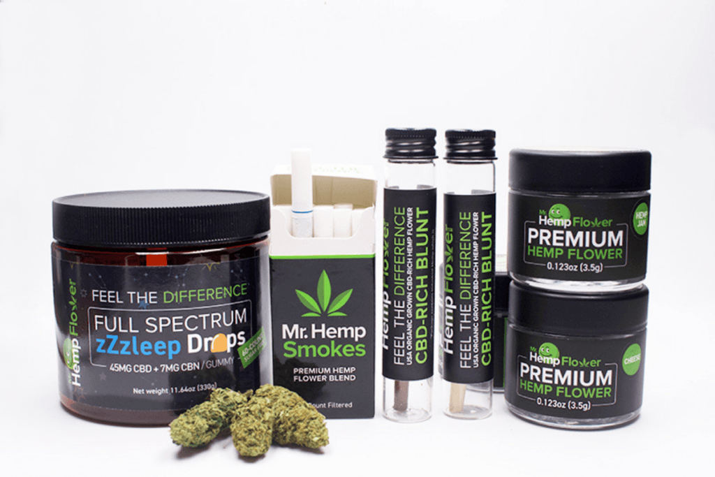 A collection of Mr Hemp Flower wholesale hemp and CBD products, including gummes, pre-rolls and hemp buds.