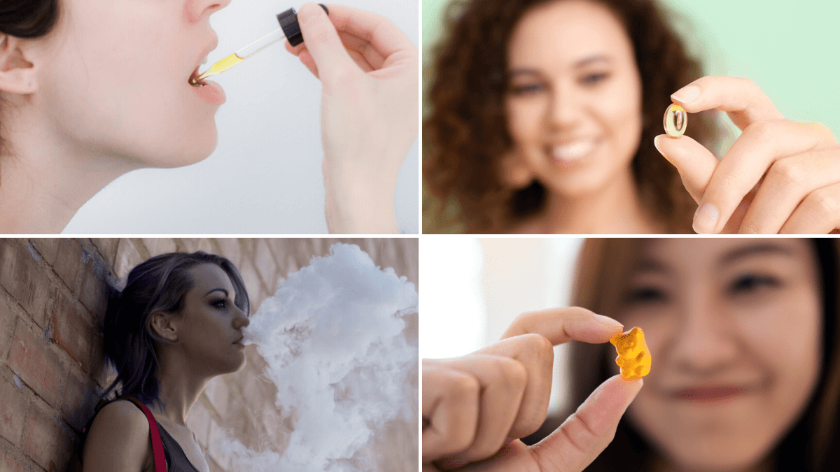 Some of the most popular different types of CBD products include CBD oil or tinctures, CBD capsules or softgels, CBD vapes, and CBD gummies and other edibles. A four-part composite image showing a person taking a tincture, a woman holding a CBD capsule, a woman leaning against a wall exhaling vapor, and another woman holding a gummy.