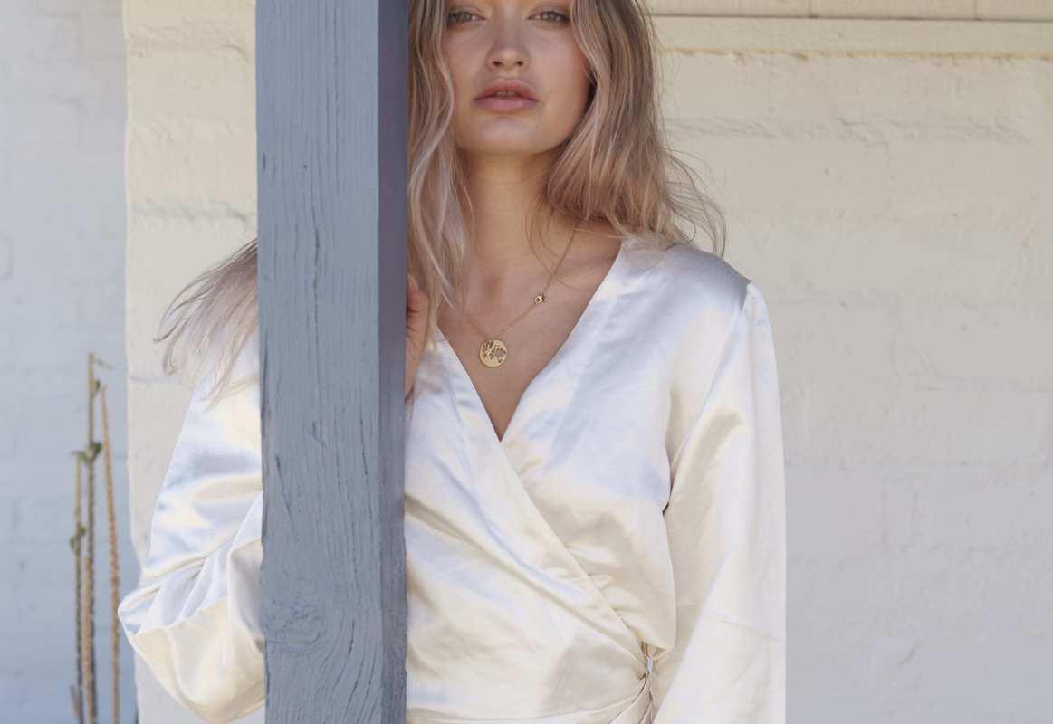 A model dressed in Hemp Horizon's flowing silky hemp shirt. Hemp Horizon is changing the way people think about women's hemp fashion.