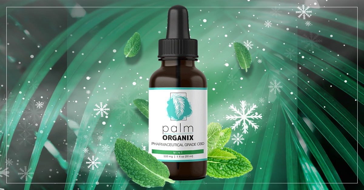 A bottle of Palm Organix CBD tincture in mint flavor against an illustrated background of whirling mint leaves and starry green swirls.