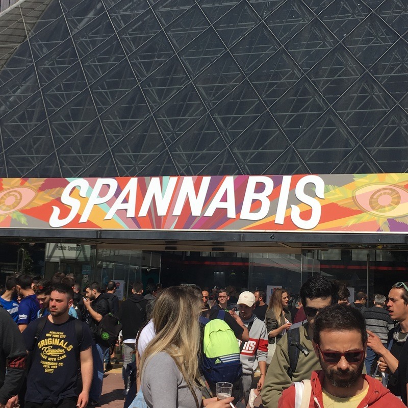 Spannabis is Spain's largest cultivator event attracting a mix of industrial and hobbyist growers as well as cannabis advocates and users. Photo: Dozens of people crowd around the entrance to the Spannabis convention.