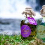Photo: Two bottles of CBD liquor posed in front of a waterfall: CBD-infused gin and CBD-infused rum.
