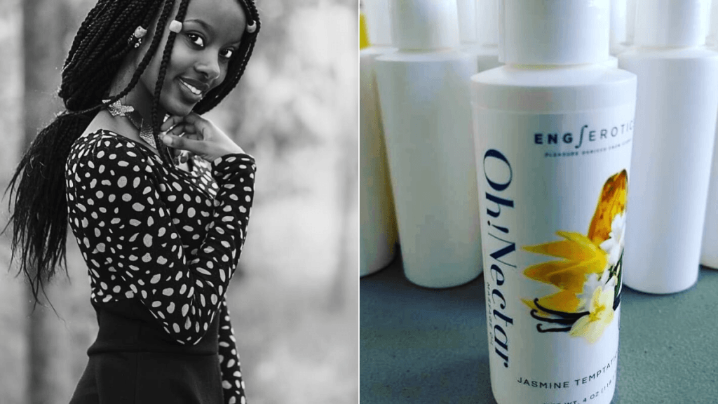 Raven Faber (left) founded EngErotics after realizing she could design better sex toys and intimate CBD products through her engineering background. Photo: A composite photo with Raven Faber (left), and one of her products, Oh!Nectar, on the right.