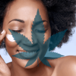 Ministry of Hemp selected the best CBD skin care and hemp beauty products out of dozens on the market. Photo: A black woman with natural hair smiles as she applies a skin care product to her cheek. A hemp leaf is superimposed on the image.
