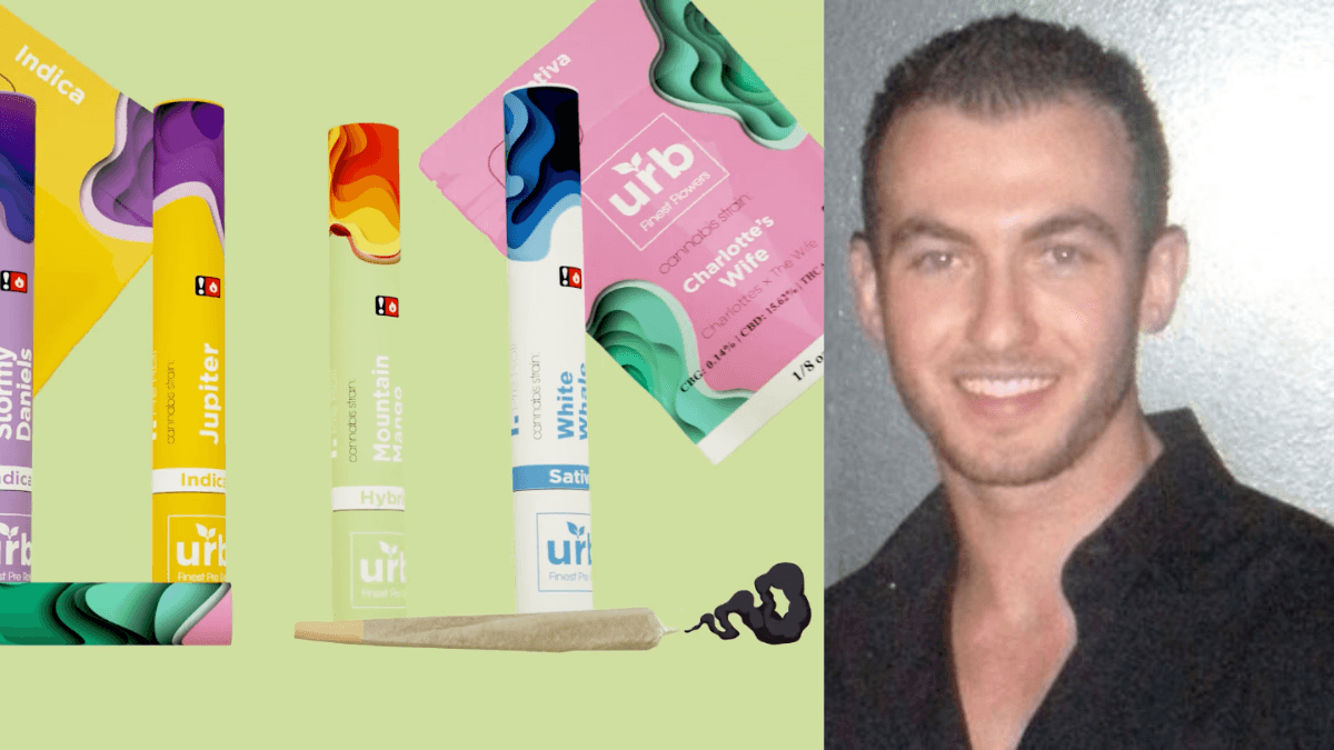 After his basketball career became derailed, Nick Warrender eventually found his way into the CBD industry, and focusing on hemp flower for smoking. Photo: Composite photo shows, on the left, the packaging tubes for Urb pre-roll hemp joints, with a smoking CBD joint at the bottom. On the right, an image of Nick Warrender.
