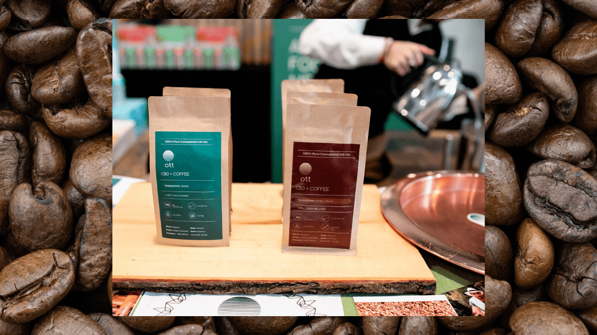 Photo: A composite image of our podcast guest, Alwan Mortada, pouring his Ott CBD coffee at the hemp holiday market, against a backdrop of a photo of coffee beans.