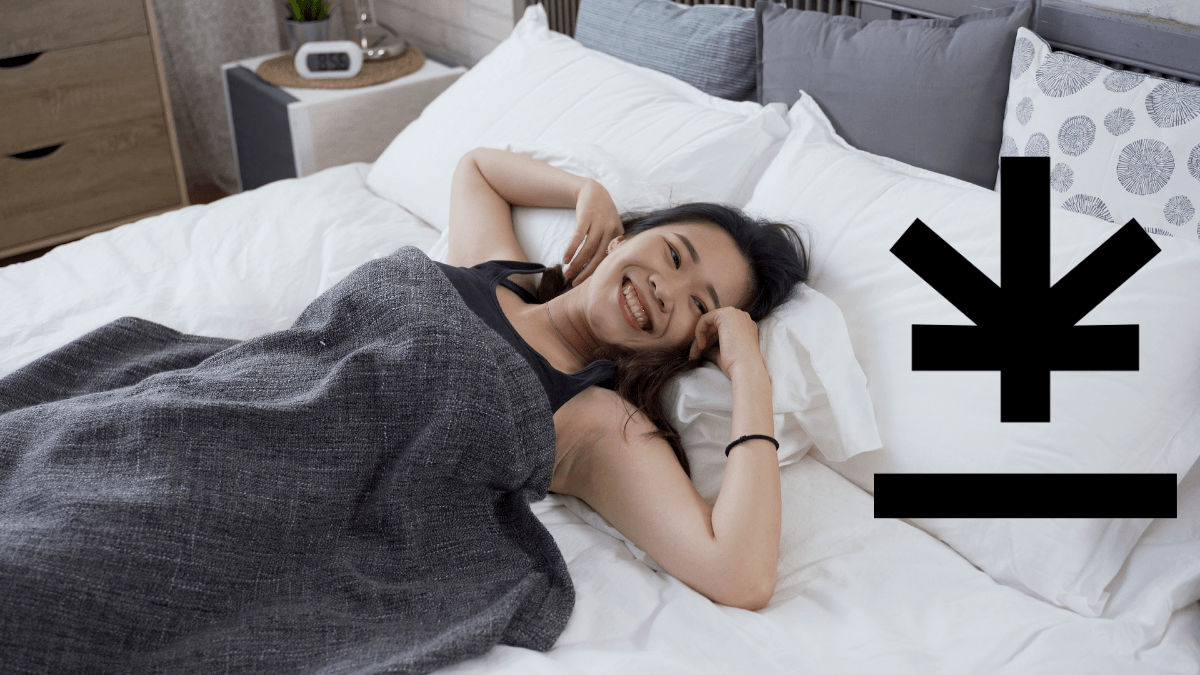 A photo of a Korean woman waking up from sleep in bed with a joyful, rested expresson. The Ministry of Hemp "leaf" logo is added.