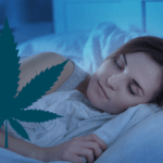 We picked the best CBD products to help you sleep better. A photo of a white woman asleep in bed, with an image of a hemp leaf superimposed on it.